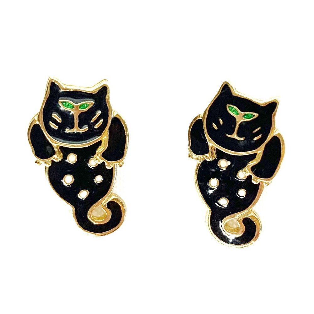 Black Enamel Gold Tone Two Piece Cat Earrings